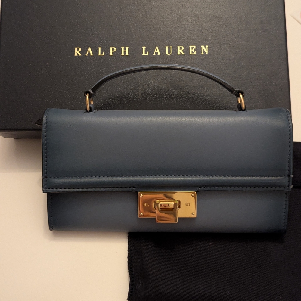 UPDATED Authentic Ralph Lauren Gold Lock/Blue Lambskin Leather Mini Handle Purse